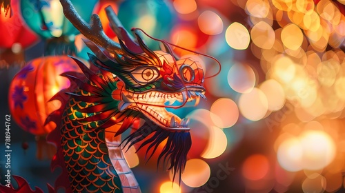 a colorful chinese dragon-shaped lantern glowing effect poster background