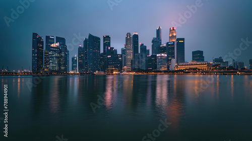 Modern cityscape reflected in the calm waters at twilight © boxstock production