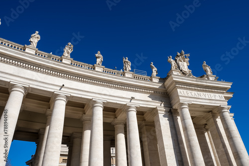 Detail of St. Peter's Square Doric colonnades, framing the trapezoidal entrance to the basilica and the elliptical area which precedes Saint Peter's Basilica in Vatican City, the papal enclave in Rome