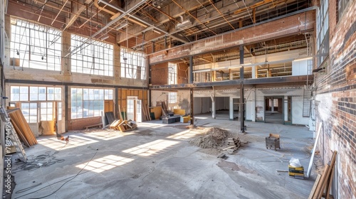 A dilapidated warehouse being transformed into a modern multiuse space representing the physical transformations and adaptive reuse of old buildings in an urban renaissance. . photo