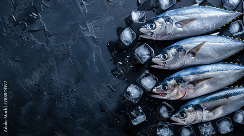 top view bunch of fresh tuna fish on ice cubes and black background photo