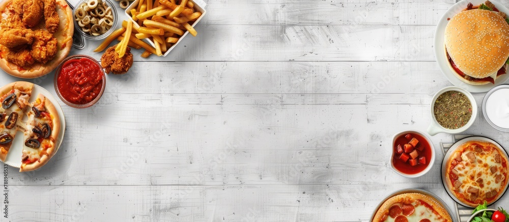Fast food items like pizza, hamburgers, fried chicken, and side dishes displayed in a corner border banner against a white wooden background, with empty space for text. Fast food items like pizza, hamburgers, fried chicken, and side dishes displayed in a corner border banner against a white wooden background, with empty space for text.