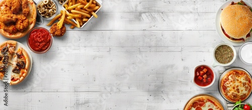 Fast food items like pizza, hamburgers, fried chicken, and side dishes displayed in a corner border banner against a white wooden background, with empty space for text.