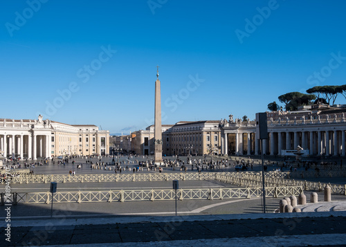 View of Saint Peter's Square in Vatican City, the papal enclave in Rome, from St. Peter's Basilica.