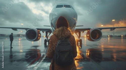 The woman pauses at the entrance of the jet bridge, taking a moment to admire the aircraft before stepping on board for her journey photo