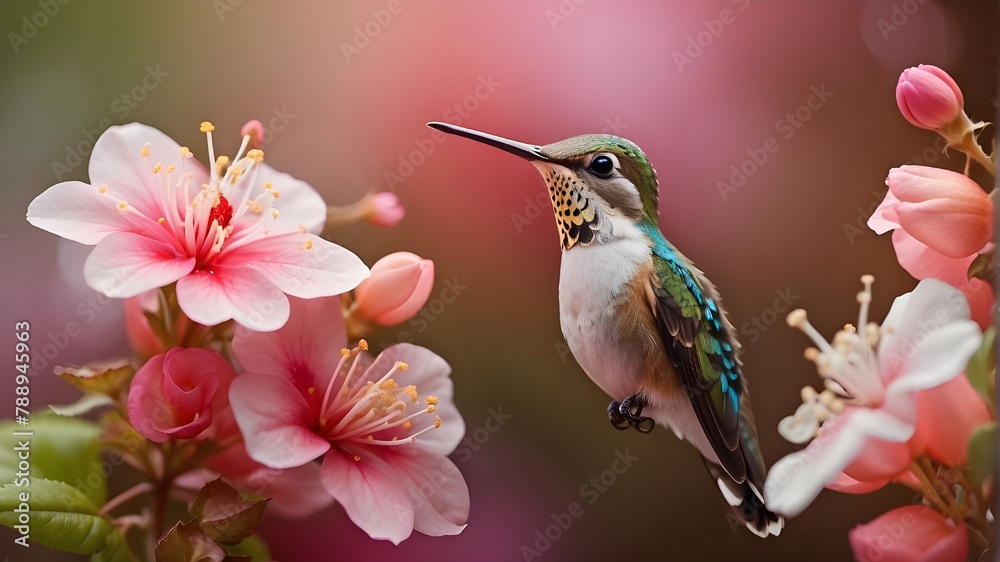 Fototapeta premium A tiny hummingbird sipping nectar from a delicate flower blossom