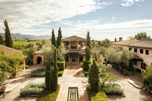 A historic Spanish hacienda surrounded by ancient olive groves and vineyards, with sun-drenched courtyards and terracotta-tiled rooftops, Generative AI