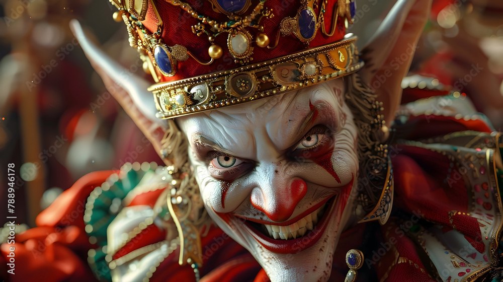 Fototapeta premium Mischievous Jester Demon Swaps King's Crown with Jester's Hat in Palace Prank