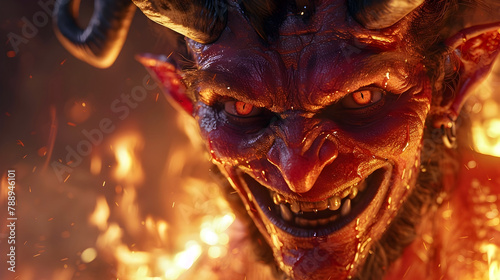 Mischievous Infernal Trickster Grins Through Hellish Flames in 3D Render