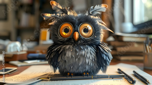 Mischievous Owl Trickster Swaps Office Pens with Quills,Causing Humorous Chaos in Cinematic 3D Render