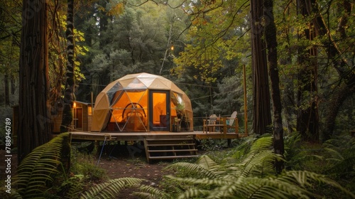 Amidst towering trees and vibrant foliage a geodesic dome promises a night of tranquil slumber cradled by the gentle embrace of the forest. 2d flat cartoon.