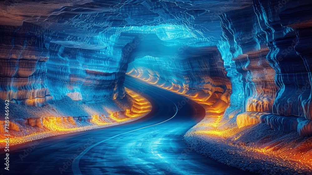 Highway inside cave with blue lights on beautiful natural stone wall.