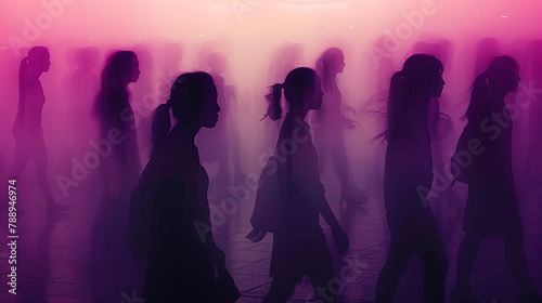 Crowd of people on the street, morning rush hour in the city on weekdays. Silhouettes visible, pedestrians in the city center. people crowd walking commuting in the city, lights and motion blur. 