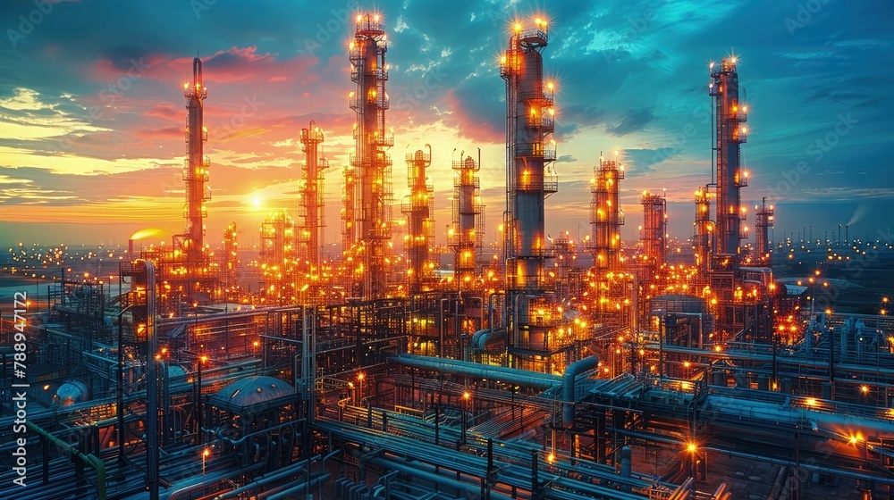 Sunset Panorama of Industrial Facilities Wallpaper