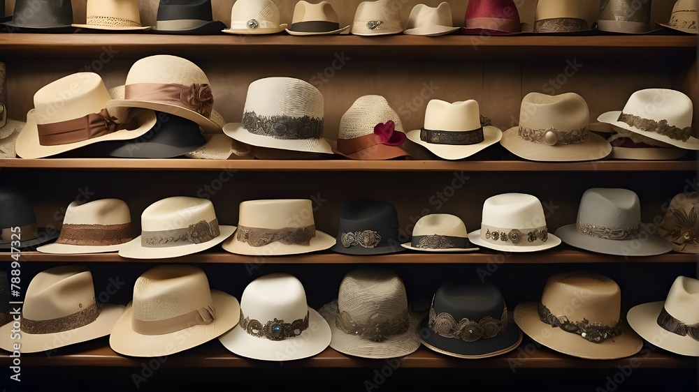 A collection of vintage hats arranged on a shelf, each one adorned with intricate details and embellishment

