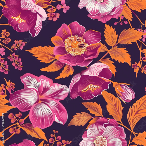 floral magenta and orange retro design featuring pink flowers with a seamless pattern on a dark purple background  Generative AI