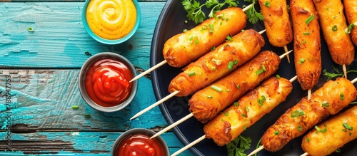 Deep-fried corn dogs with a variety of sauces displayed on a blue wooden table from above, with room for additional text. photo