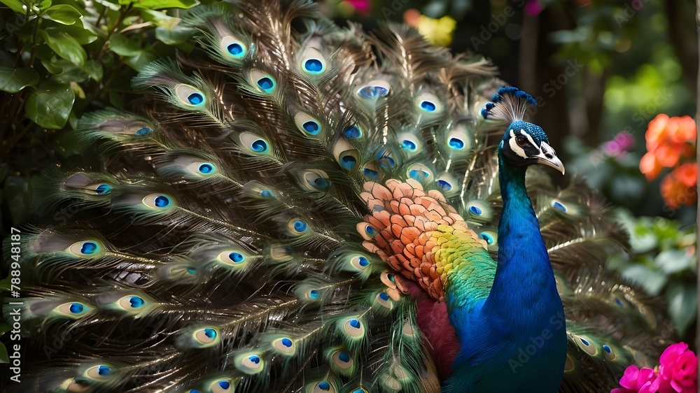 Obraz premium A vibrant peacock displaying its colorful feathers in a lush garden 