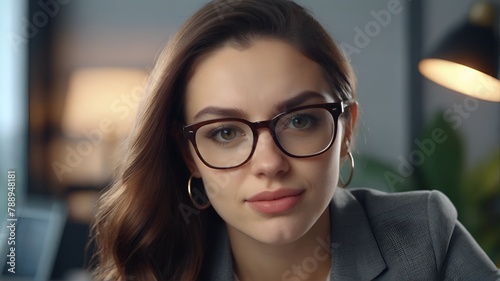 A beautiful woman in her 20s with glasses is sitting in her home office and looking at the camera, ai generative