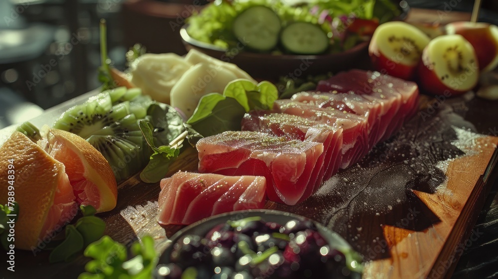 Big tuna pieces, fruit, wasabi, vegetables, leafy vegetables on a wooden tray