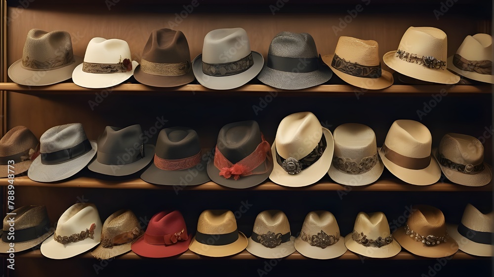 
A collection of vintage hats arranged on a shelf, each one adorned with intricate details and embellishment

