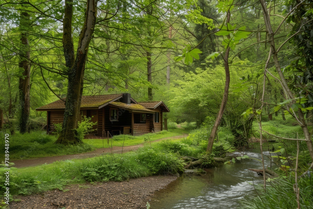 A rustic log cabin retreat tucked away in a secluded forest, with a bubbling brook nearby and wildlife roaming freely in their natural habitat, Generative AI A rustic log cabin retreat tucked away in a secluded forest, with a bubbling brook nearby and wildlife roaming freely in their natural habitat, Generative AI