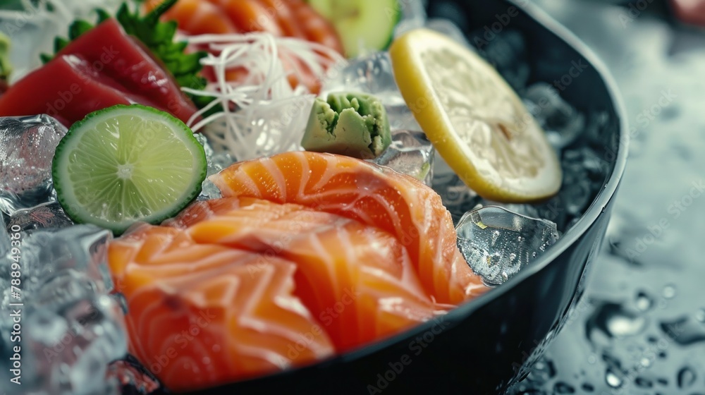 Large pieces of fresh mixed fish sasami, lemon, wasabi, vegetables, on a bowl of ice. Close-up view Large pieces of fresh mixed fish sasami, lemon, wasabi, vegetables, on a bowl of ice. Close-up view