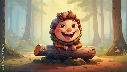 A cartoon hobbit is sitting on a log in the forest. photo