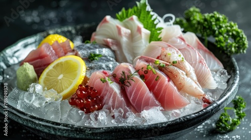 Large pieces of fresh mixed fish sasami, lemon, wasabi, vegetables, on a bowl of ice. Close-up view