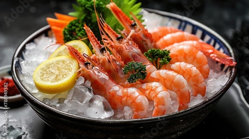 Large pieces of fresh shrimp sasami, lemon, wasabi, vegetables, on a bowl of ice. Close-up view