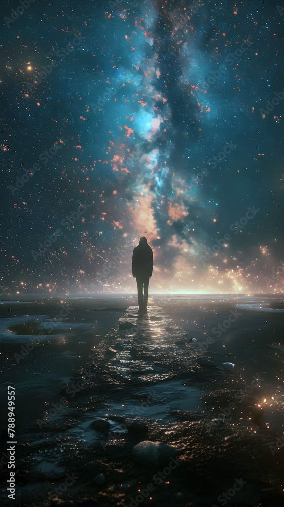 Obraz premium Solitary Silhouette Traversing the Celestial Expanse:A Transcendent Journey through the Infinite Universe