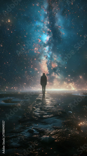 Solitary Silhouette Traversing the Celestial Expanse:A Transcendent Journey through the Infinite Universe