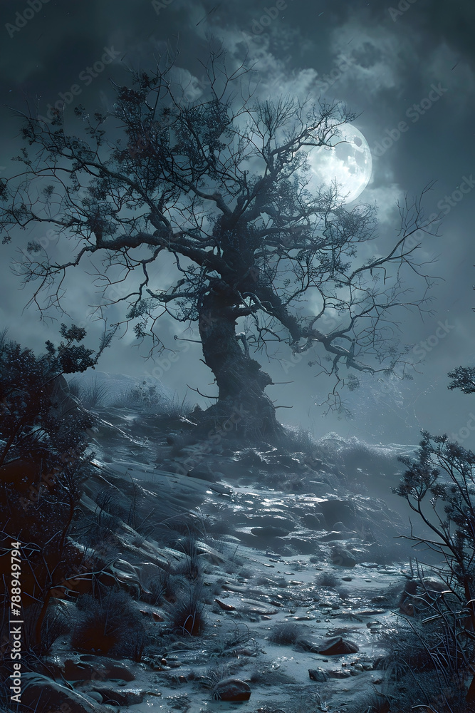 Solitary Tree Silhouetted Against a Haunting Moonlit Landscape in the Shroud of Nocturnal Mystery Solitary Tree Silhouetted Against a Haunting Moonlit Landscape in the Shroud of Nocturnal Mystery