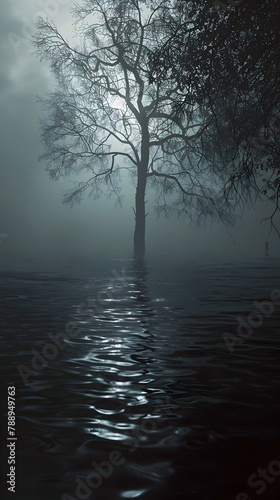 Solitary Tree Silhouetted in Ethereal Mist,Reflecting on Serene Waters of Solitude