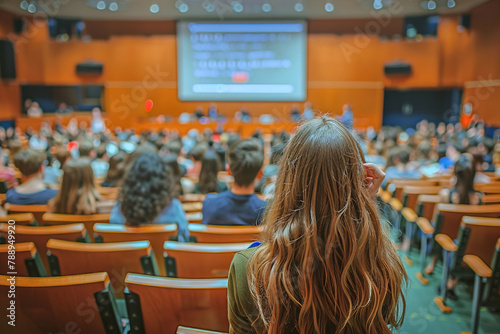 A determined individual attending a lecture, taking notes while surrounded by classmates in a bustling university lecture hall.