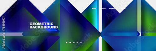 A colorful geometric background featuring azure, purple, and electric blue triangles on a white backdrop. The artistry and symmetry create a vibrant display of tints and shades, with hints of violet