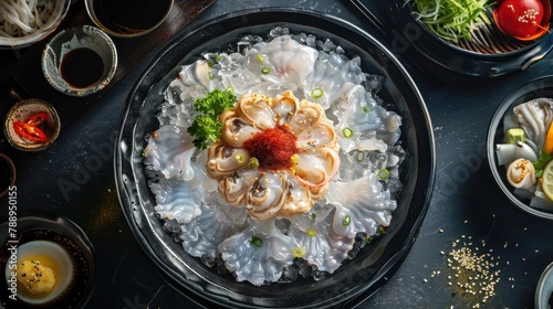Abalone sasami, large pieces, food ingredients, delicious, ice bowl, top view wide angle lens realistic lighting --ar 16:9 My Images