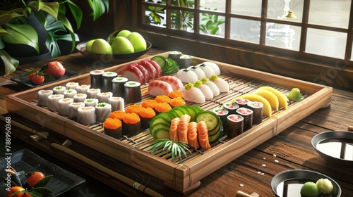 Sushi, large pieces of mixed fish, fruit, wasabi, vegetables, leaves on a wooden tray. photo