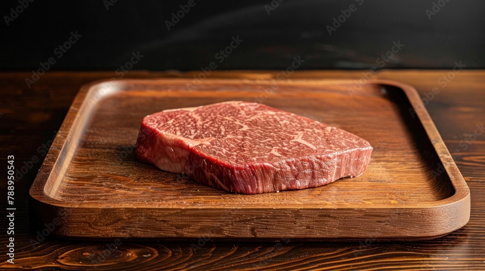 Large Wagyu ribeye with beautiful texture, delicious to eat on a wooden tray. Large Wagyu ribeye with beautiful texture, delicious to eat on a wooden tray.