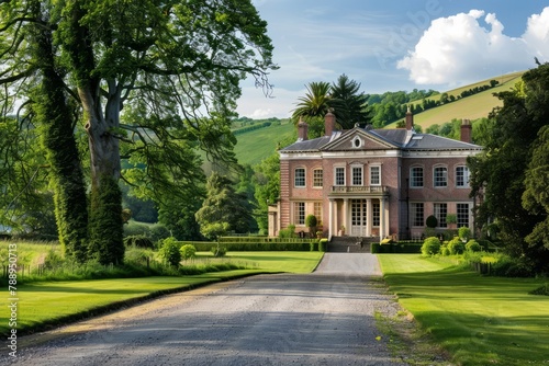 A stately Georgian mansion surrounded by manicured gardens, rolling hills, and ancient oak trees, exuding timeless elegance and charm, Generative AI