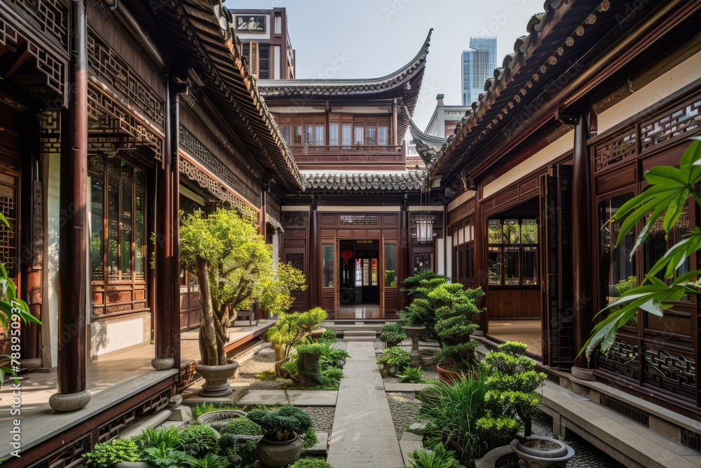 A traditional Chinese courtyard house with ornate wooden architecture and tranquil inner gardens, offering a serene oasis in the heart of bustling city streets, Generative AI A traditional Chinese courtyard house with ornate wooden architecture and tranquil inner gardens, offering a serene oasis in the heart of bustling city streets, Generative AI