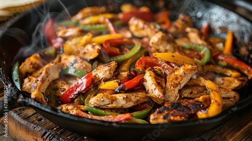A mouthwatering shot capturing chicken fajitas sizzling on a rustic cast iron skillet