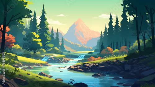 illustration of forest and river view