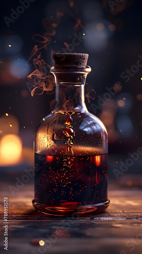 Transformative Alchemical Potion in Mysterious Glass Bottle,Enchanting Brew Amid Dramatic Lighting and Reflections