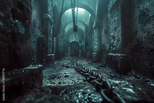 Treacherous Halls of a Witch's Ominous Lair:Navigating Shadows and Illusions in a Fantastical Cinematic Dungeon photo