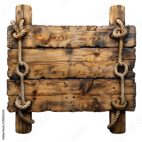 Roped wooden sign board on isolated transparent background photo