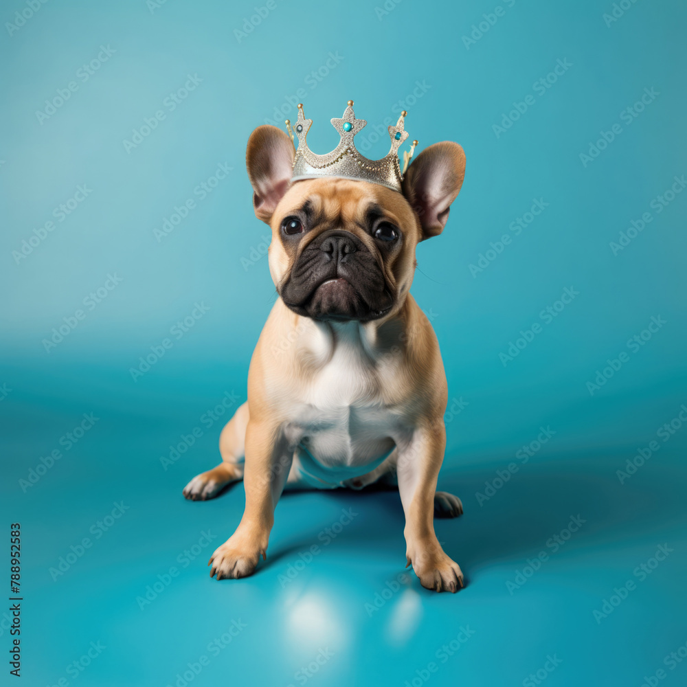 French Bulldog puppy wearing golden king crown on his head, in center of blue square background. Royal breed, king dog. Fashion beauty for pets.