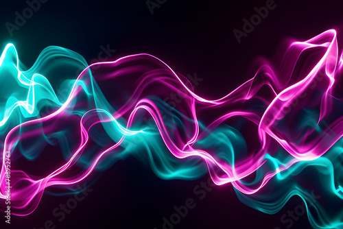 Dynamic magenta and turquoise neon waves. Electrifying pattern on black background.