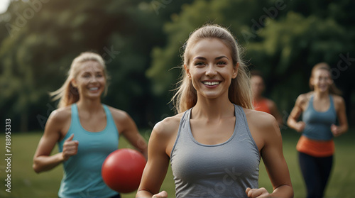 Fitness, sport, friendship and healthy lifestyle concept . Group of happy people exercising, Generative.AI photo