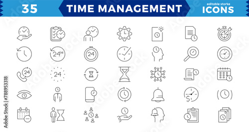 Time management. Linear icon collection. Editable stroke.time management icon set line design blue. Time, manager, icon, development, business vector illustrations.